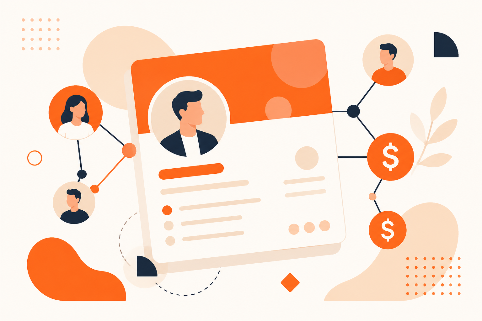 Illustration of a professional profile connected to a network with earnings.